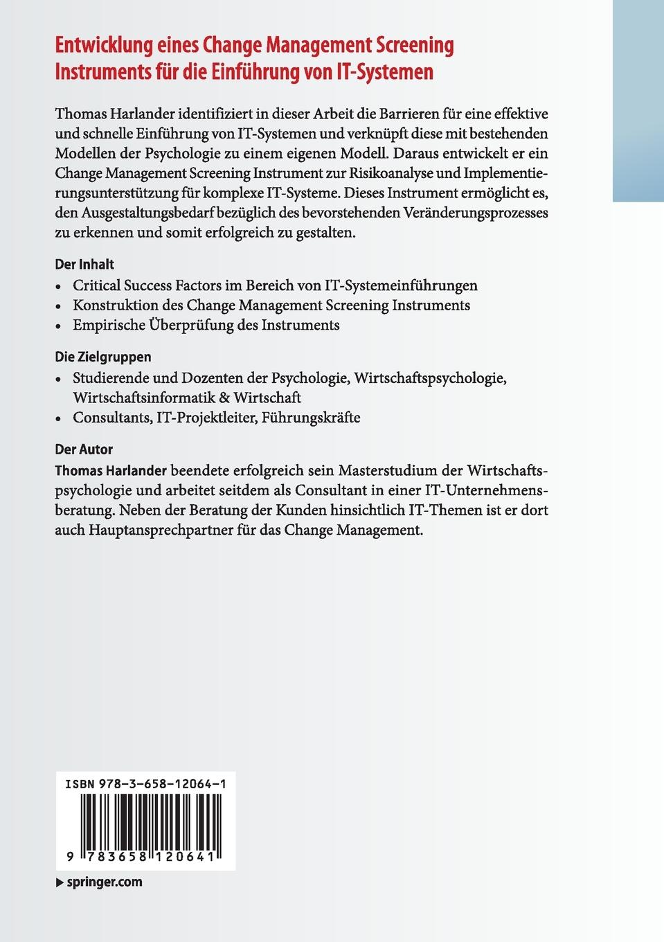 Rückseite: 9783658120641 | Entwicklung eines Change Management Screening Instruments für die...