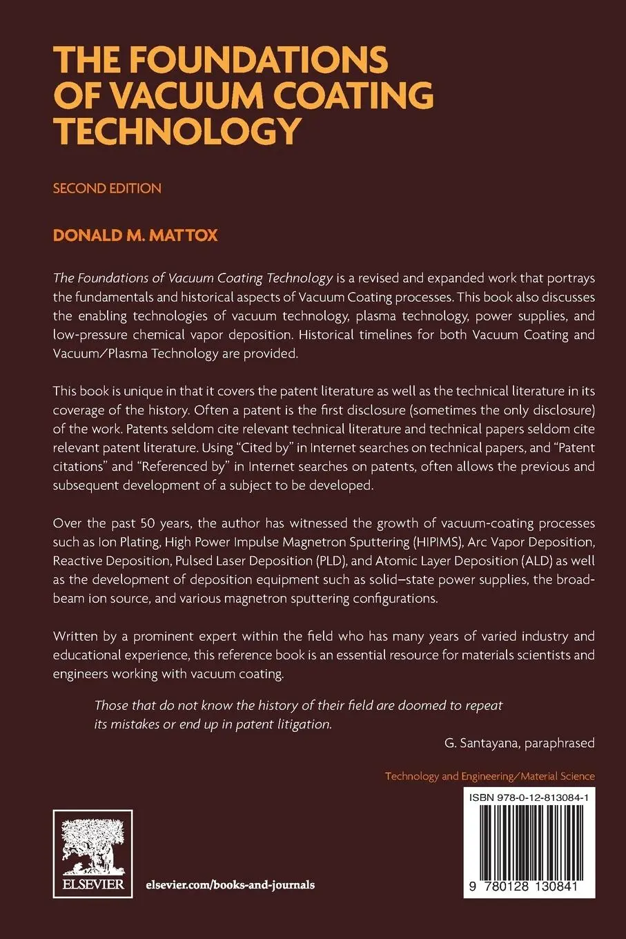 Rückseite: 9780128130841 | The Foundations of Vacuum Coating Technology | Donald M. Mattox | Buch