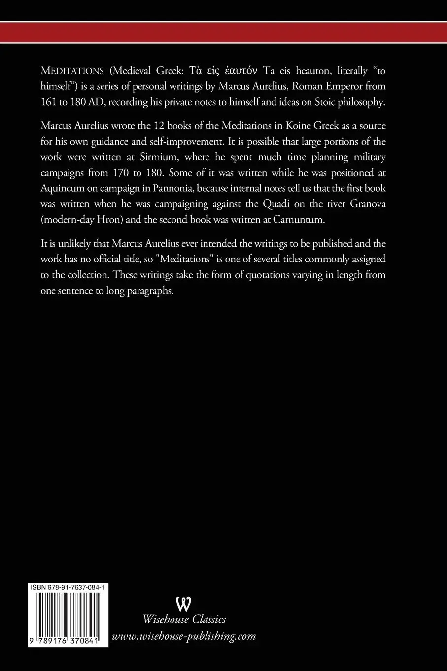 Rückseite: 9789176370841 | The Meditations of Marcus Aurelius (Wisehouse Classics Edition) | Buch