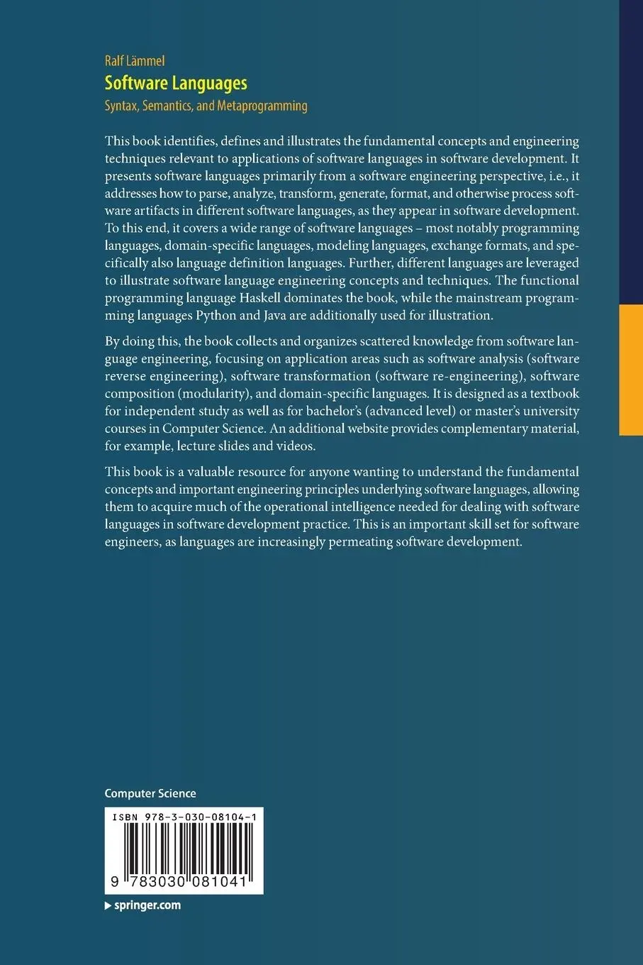 Rückseite: 9783030081041 | Software Languages | Syntax, Semantics, and Metaprogramming | Lämmel