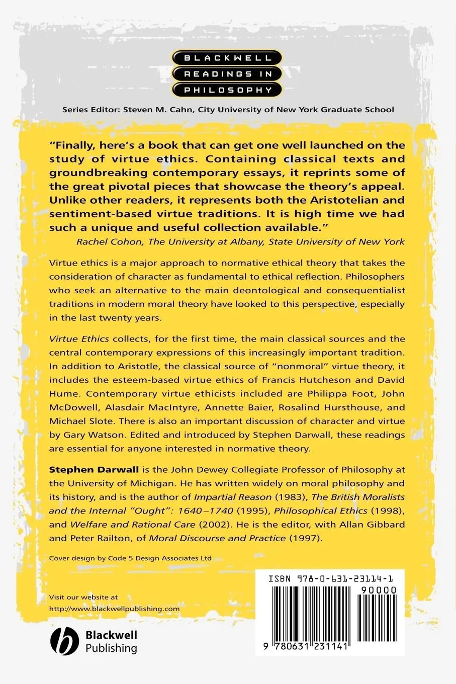 Rückseite: 9780631231141 | Virtue Ethics | Stephen Darwall | Taschenbuch | Englisch | 2002