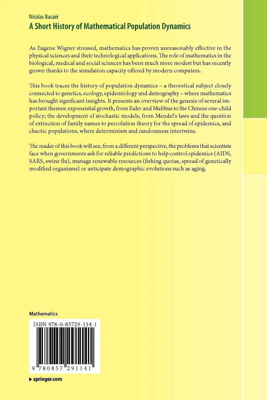 Rückseite: 9780857291141 | A Short History of Mathematical Population Dynamics | Nicolas Bacaër