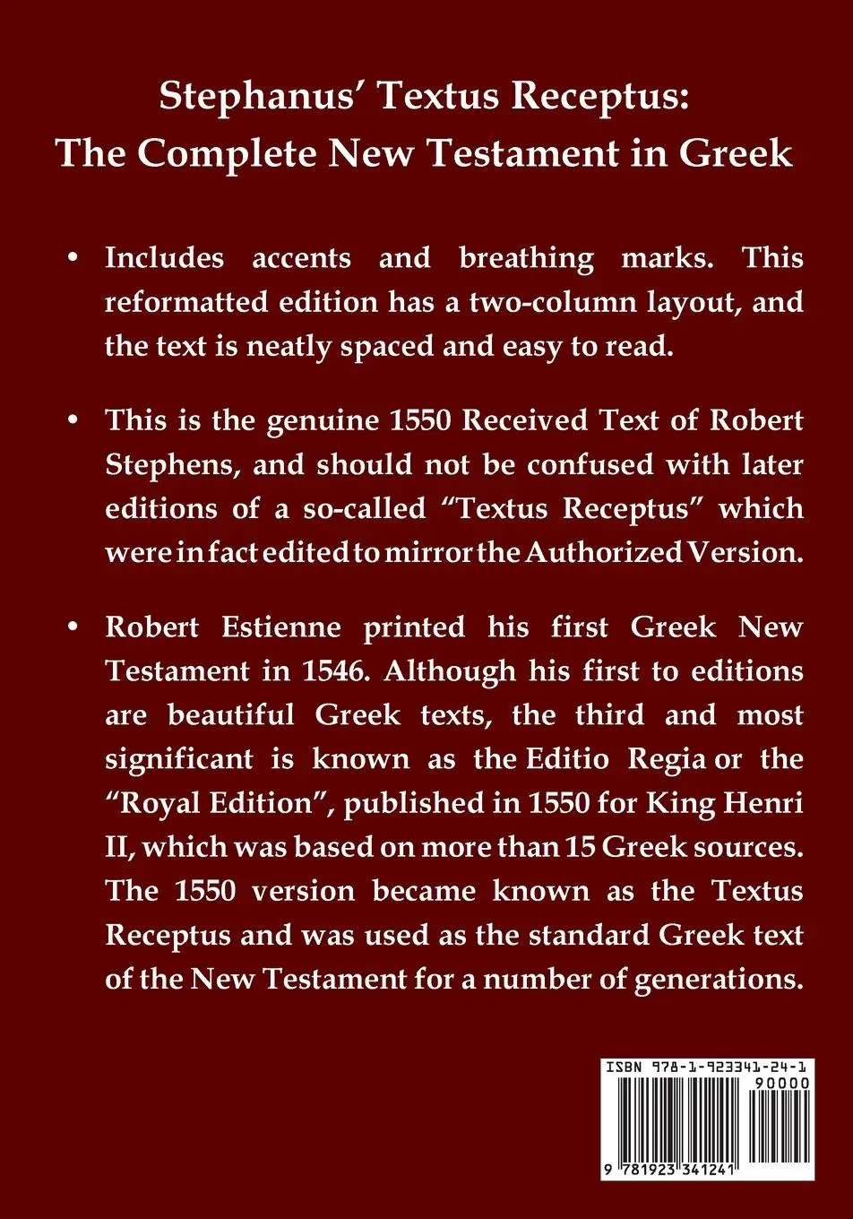 Rückseite: 9781923341241 | The New Testament in Greek | Stephanus' Textus Receptus of 1550 | Buch