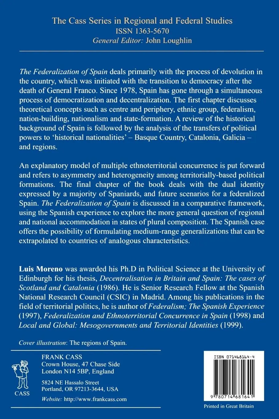 Rückseite: 9780714681641 | The Federalization of Spain | Luis Moreno | Taschenbuch | Englisch