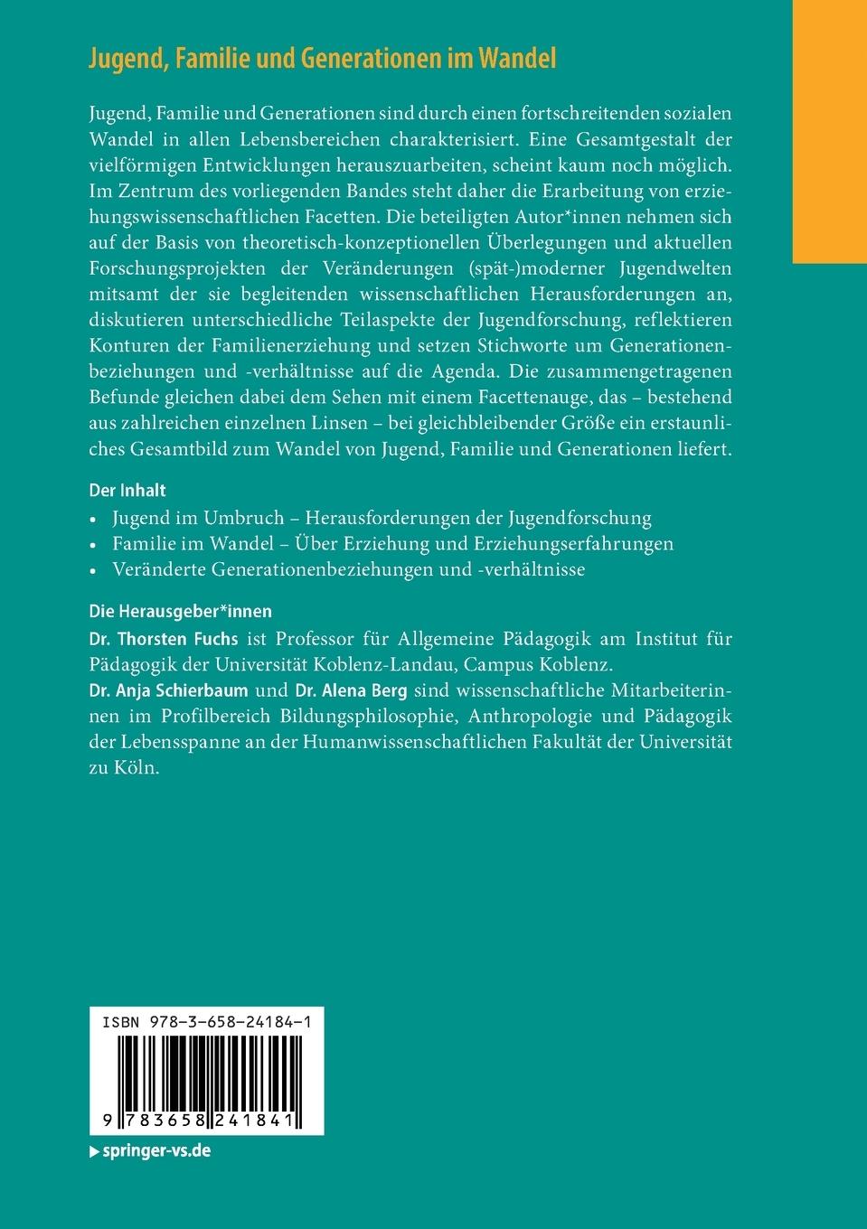 Rückseite: 9783658241841 | Jugend, Familie und Generationen im Wandel | Thorsten Fuchs (u. a.)