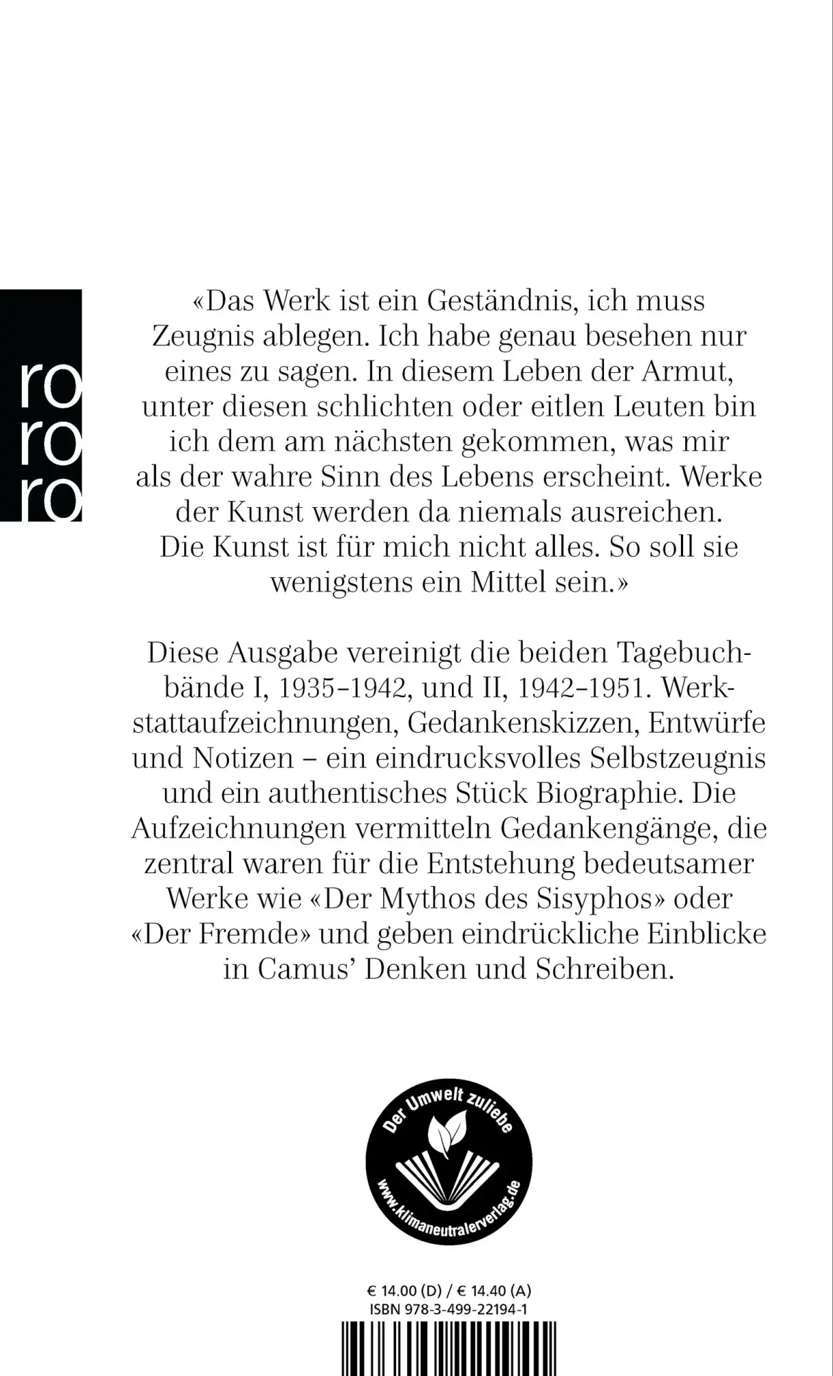 Rückseite: 9783499221941 | Tagebücher 1935 - 1951 | Albert Camus | Taschenbuch | 496 S. | Deutsch