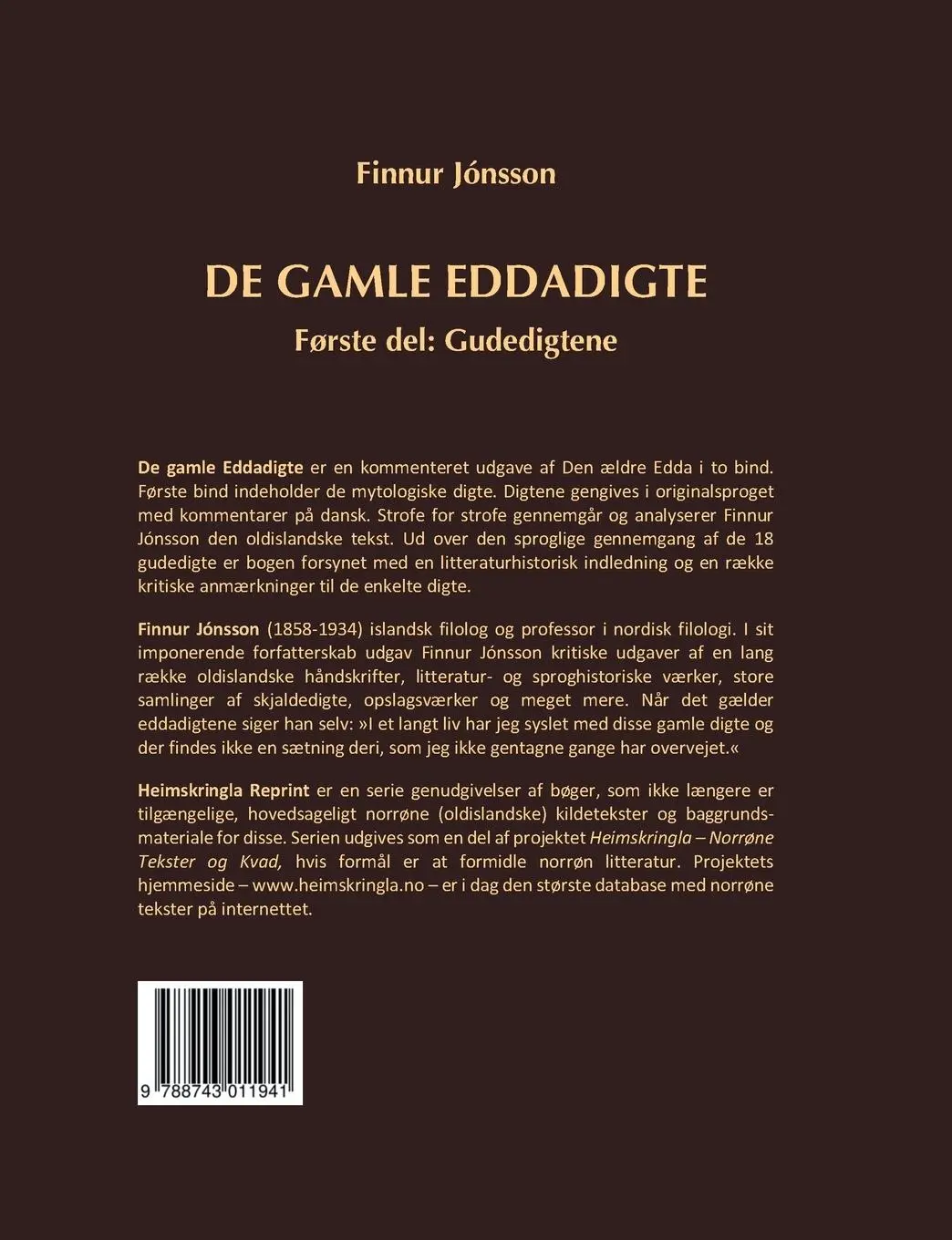 Rückseite: 9788743011941 | De gamle eddadigte I | Første del: Gudedigtene | Finnur Jónsson | Buch