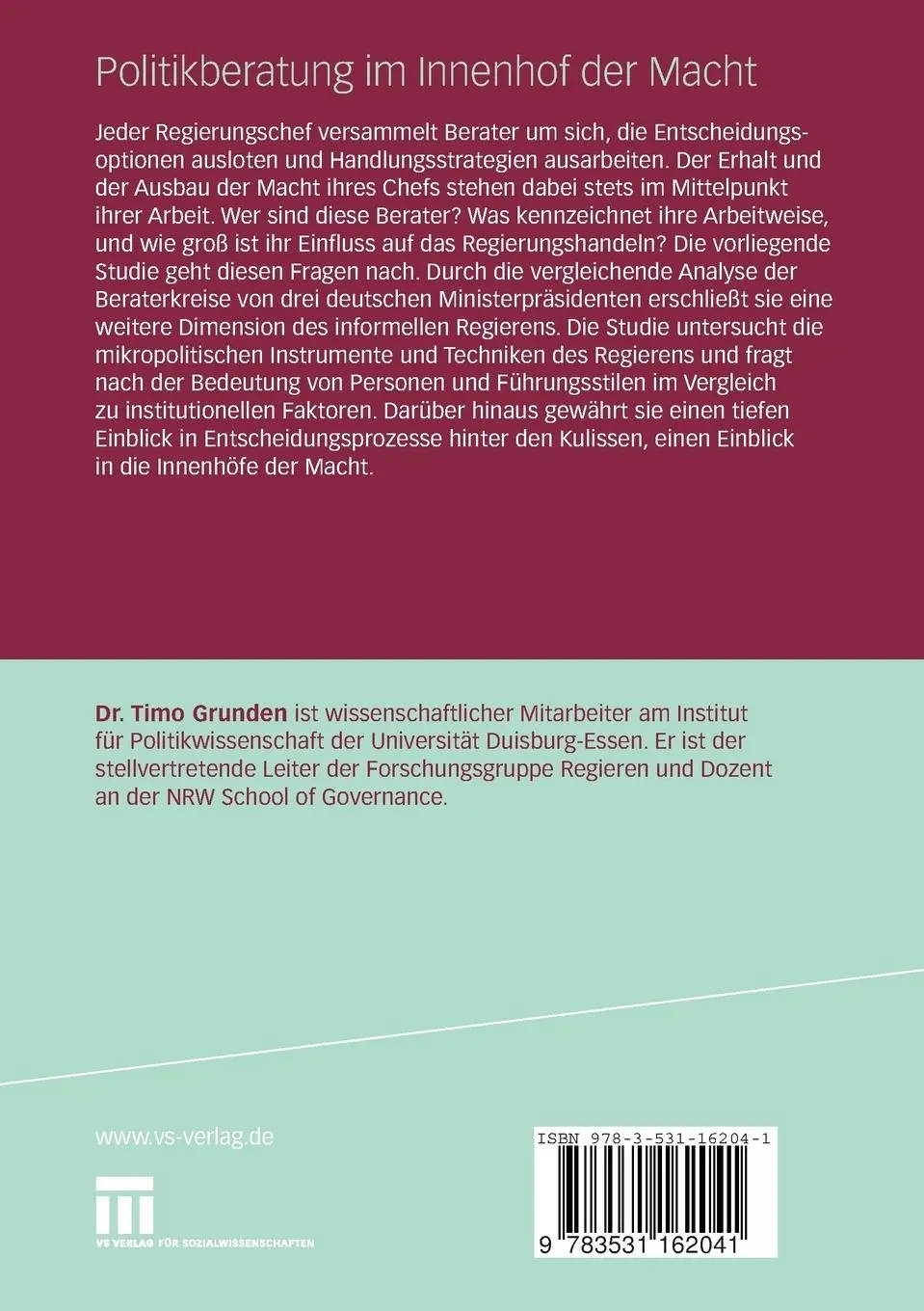Rückseite: 9783531162041 | Politikberatung im Innenhof der Macht | Timo Grunden | Taschenbuch