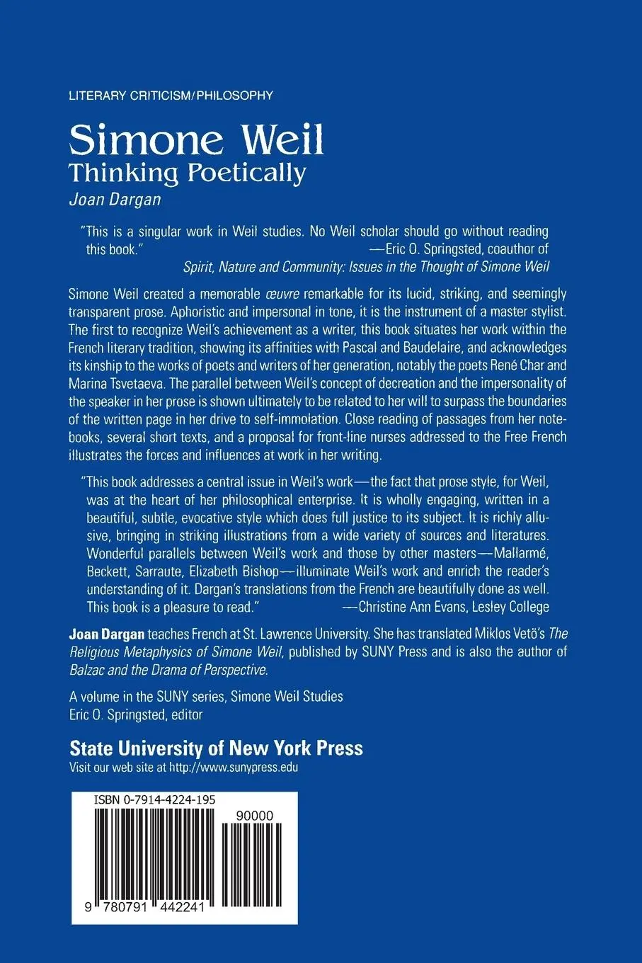 Rückseite: 9780791442241 | Simone Weil | Thinking Poetically | Joan Dargan | Taschenbuch | 1999