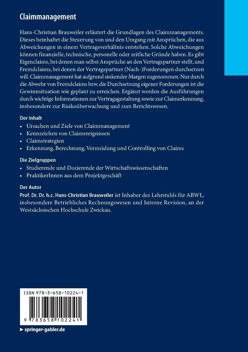 Rückseite: 9783658102241 | Claimmanagement | Eine einführende Darstellung | Brauweiler | Buch | x
