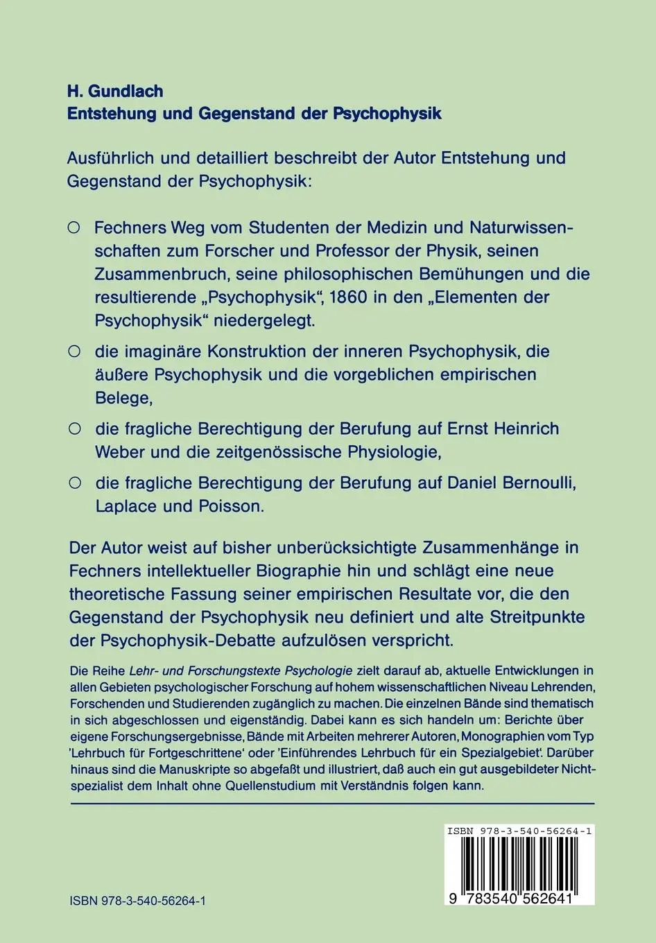 Rückseite: 9783540562641 | Entstehung und Gegenstand der Psychophysik | Horst Gundlach | Buch | v
