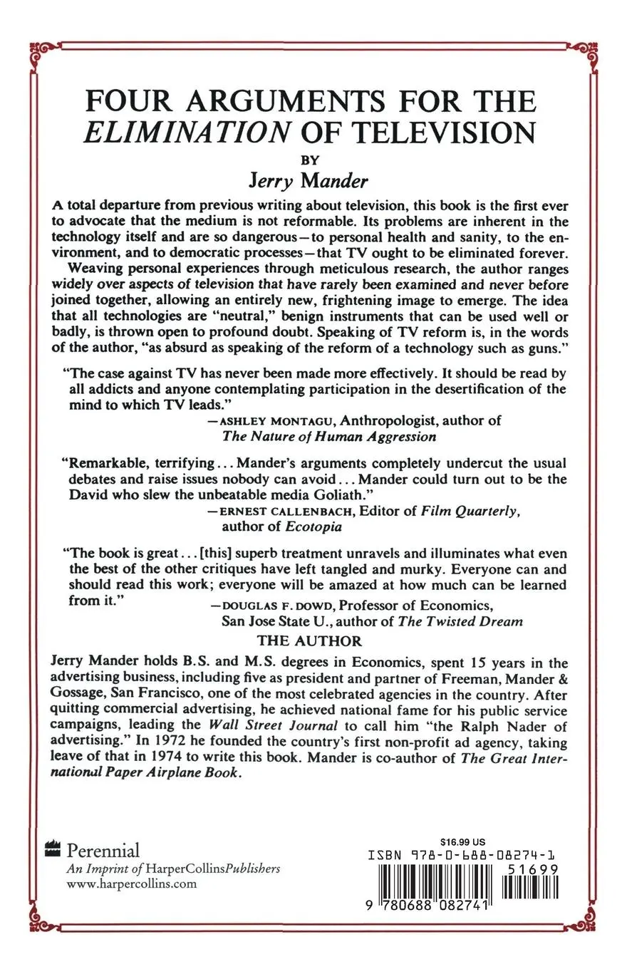 Rückseite: 9780688082741 | Four Arguments for the Elimination of Television | Jerry Mander | Buch
