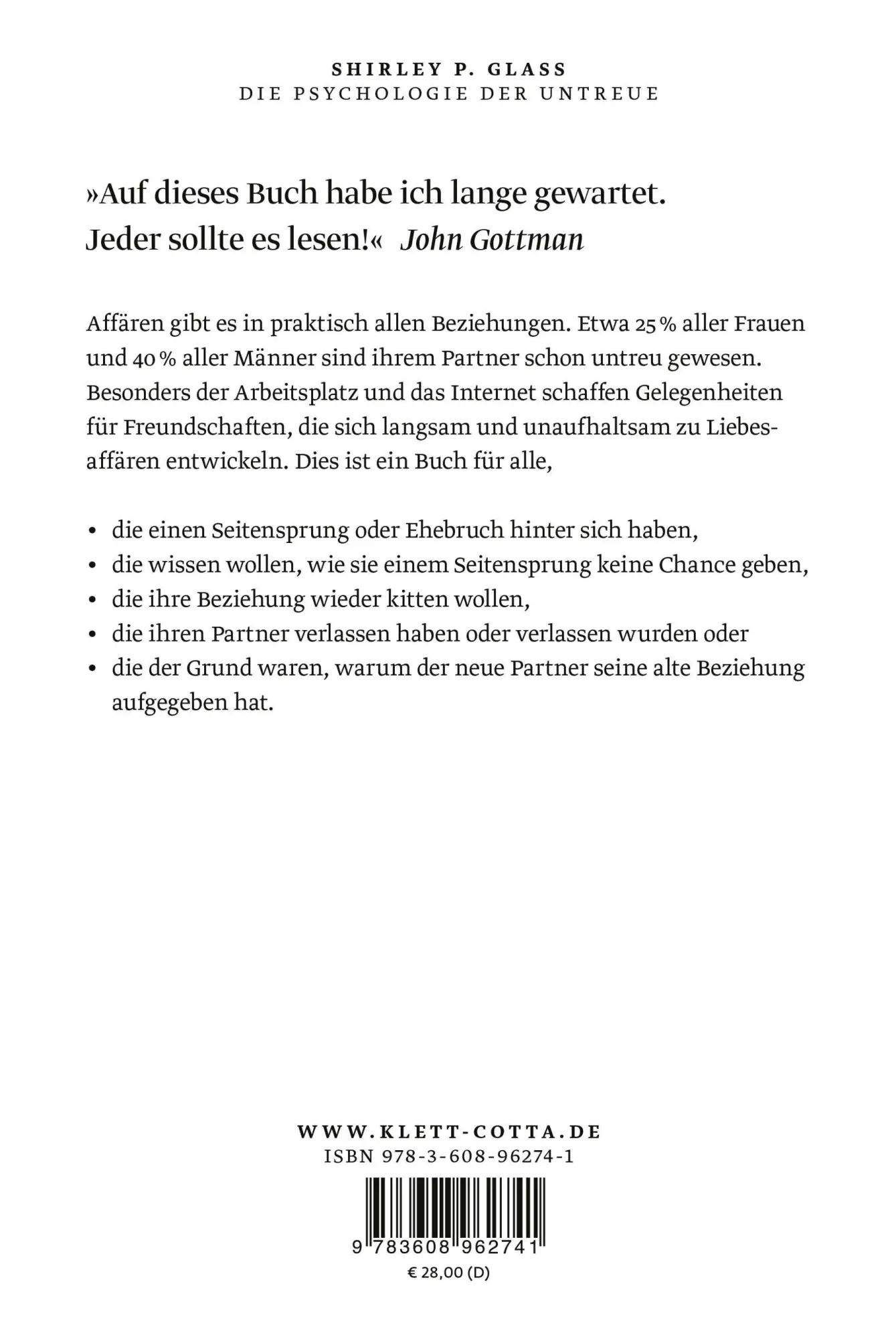 Rückseite: 9783608962741 | Die Psychologie der Untreue | Shirley Glass | Buch | 448 S. | Deutsch