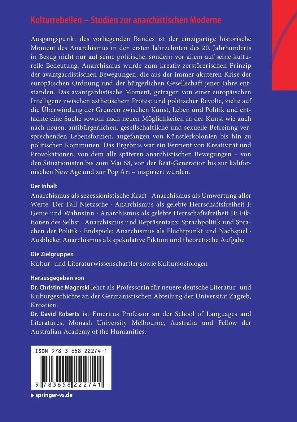 Rückseite: 9783658222741 | Kulturrebellen - Studien zur anarchistischen Moderne | Roberts (u. a.)