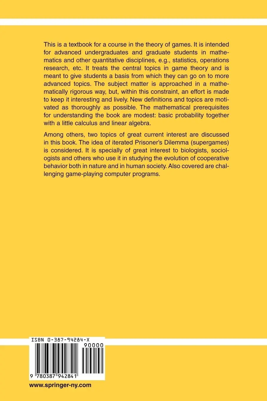 Rückseite: 9780387942841 | Introduction to Game Theory | Peter Morris | Taschenbuch | xxvi | 1994