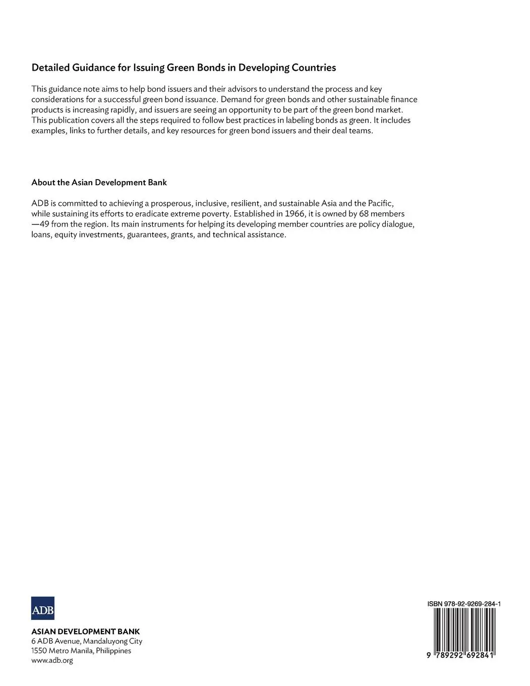 Rückseite: 9789292692841 | Detailed Guidance for Issuing Green Bonds in Developing Countries