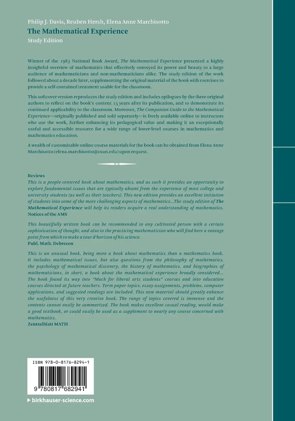 Rückseite: 9780817682941 | The Mathematical Experience, Study Edition | Philip Davis (u. a.)