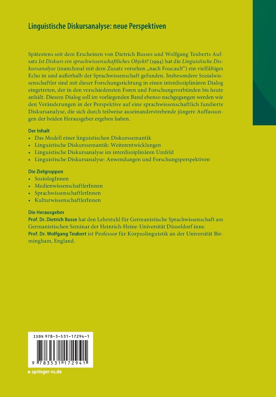 Rückseite: 9783531172941 | Linguistische Diskursanalyse: neue Perspektiven | Teubert (u. a.) | x