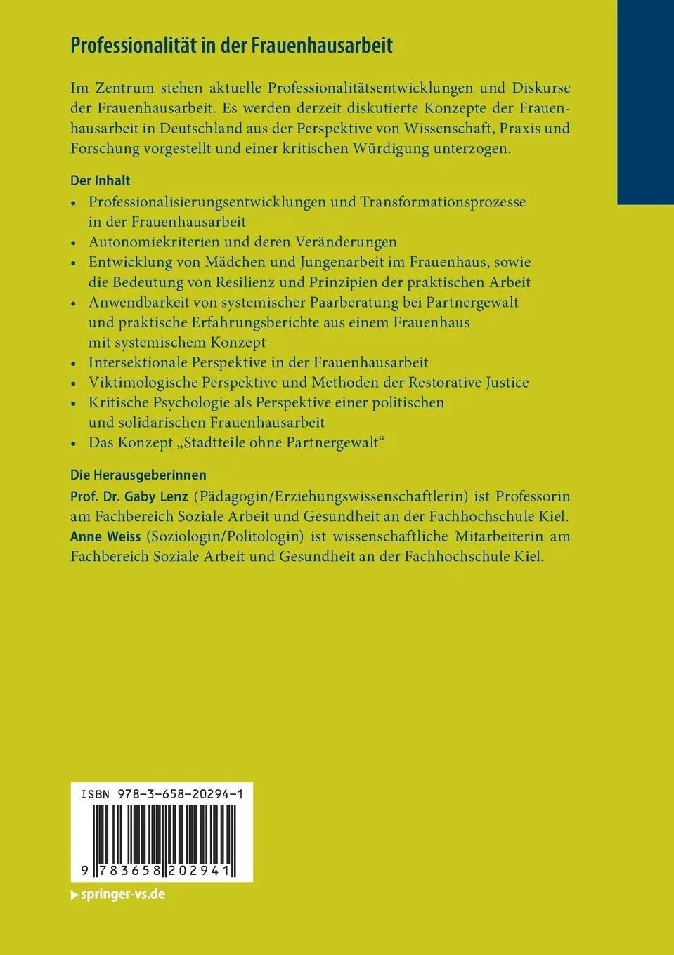 Rückseite: 9783658202941 | Professionalität in der Frauenhausarbeit | Anne Weiss (u. a.) | Buch