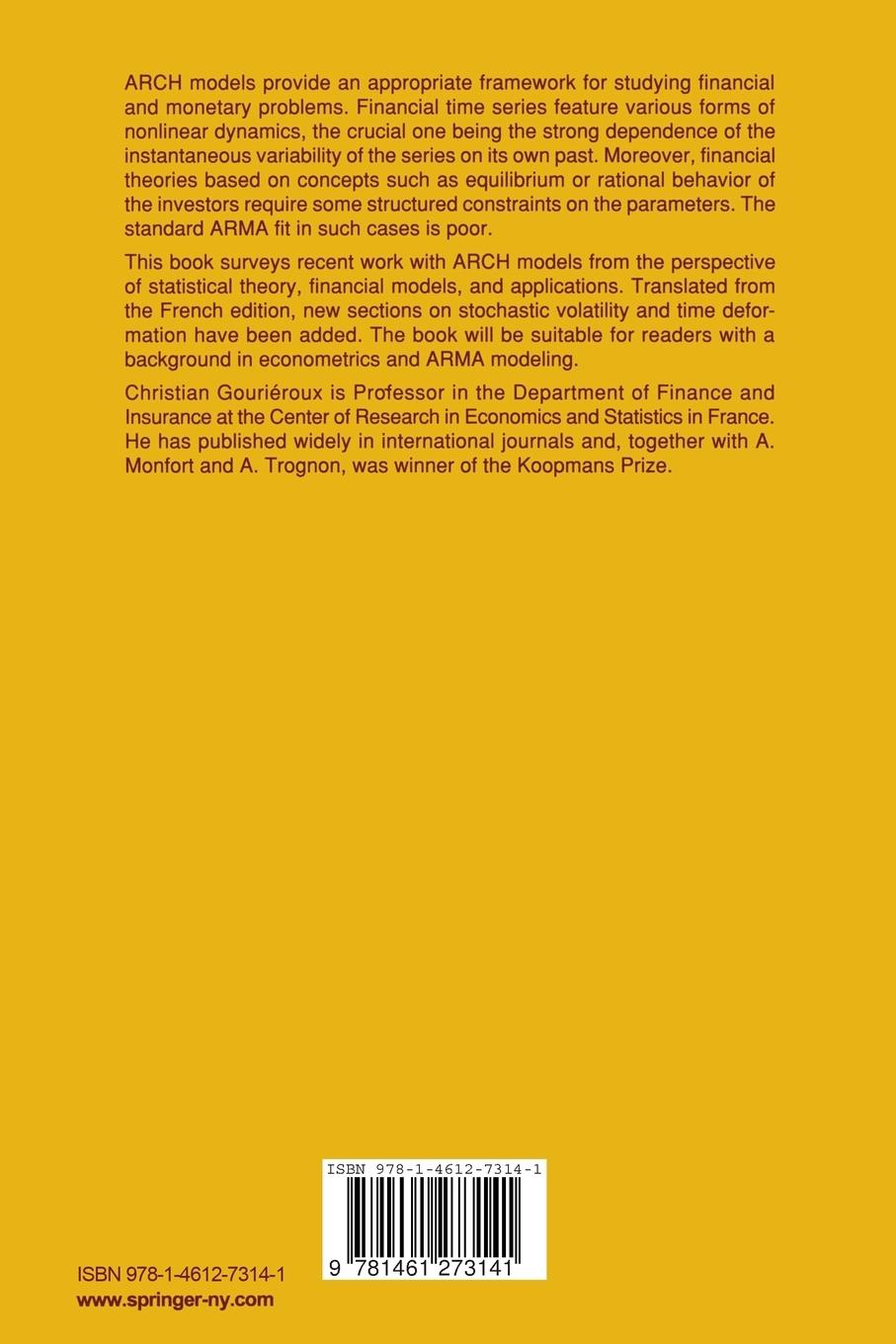Rückseite: 9781461273141 | ARCH Models and Financial Applications | Christian Gourieroux | Buch