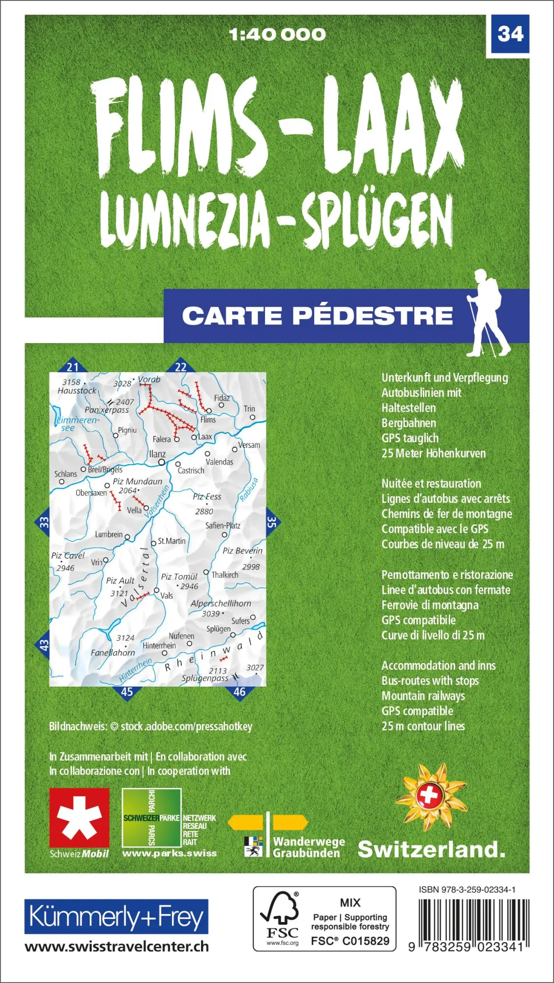 Rückseite: 9783259023341 | Kümmerly+Frey Wanderkarte 34 Flims, Laax 1:40.000 | AG | (Land-)Karte