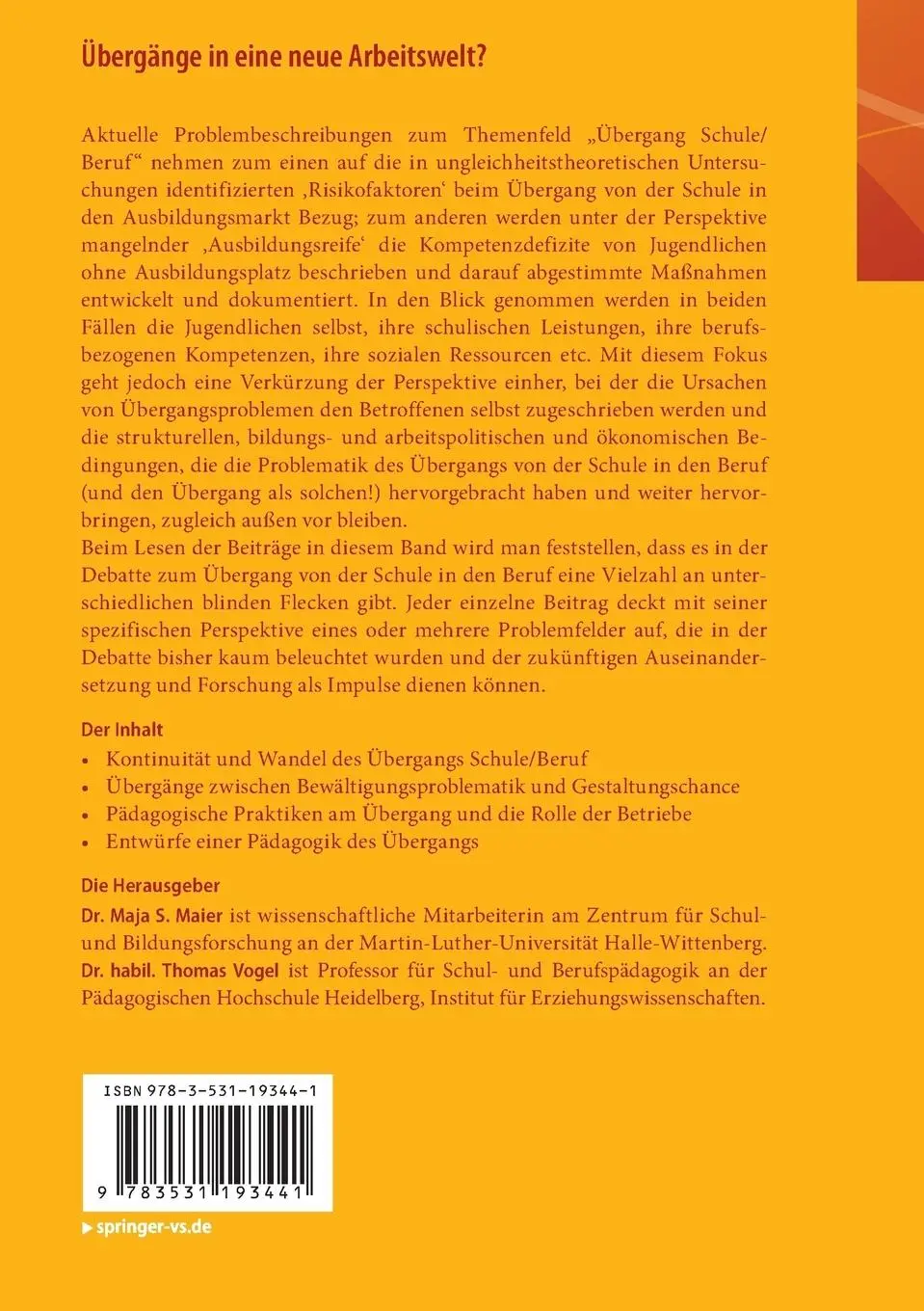 Rückseite: 9783531193441 | Übergänge in eine neue Arbeitswelt? | Thomas Vogel (u. a.) | Buch | iv