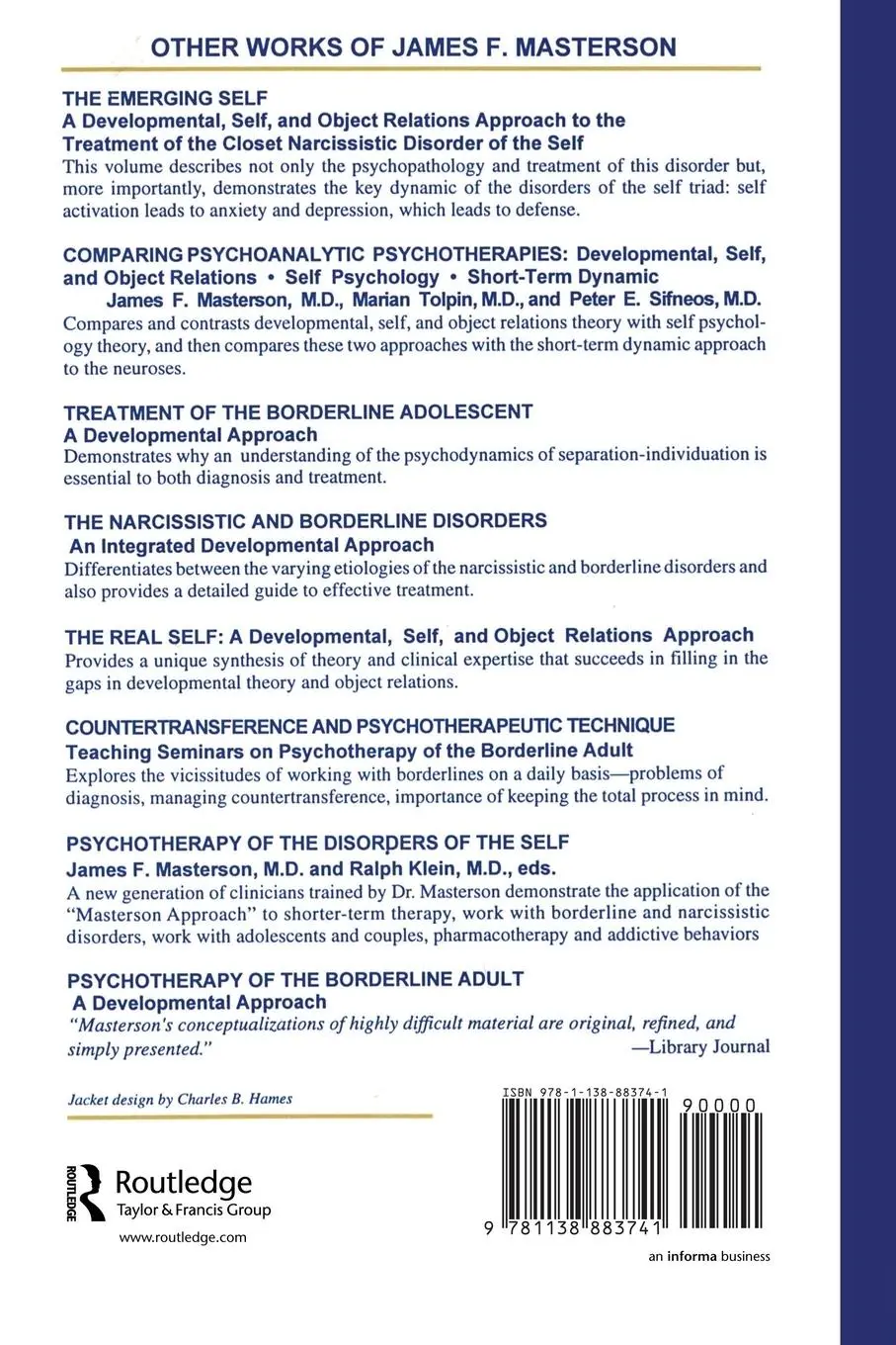 Rückseite: 9781138883741 | Disorders of the Self | M. D. James F. Masterson (u. a.) | Taschenbuch