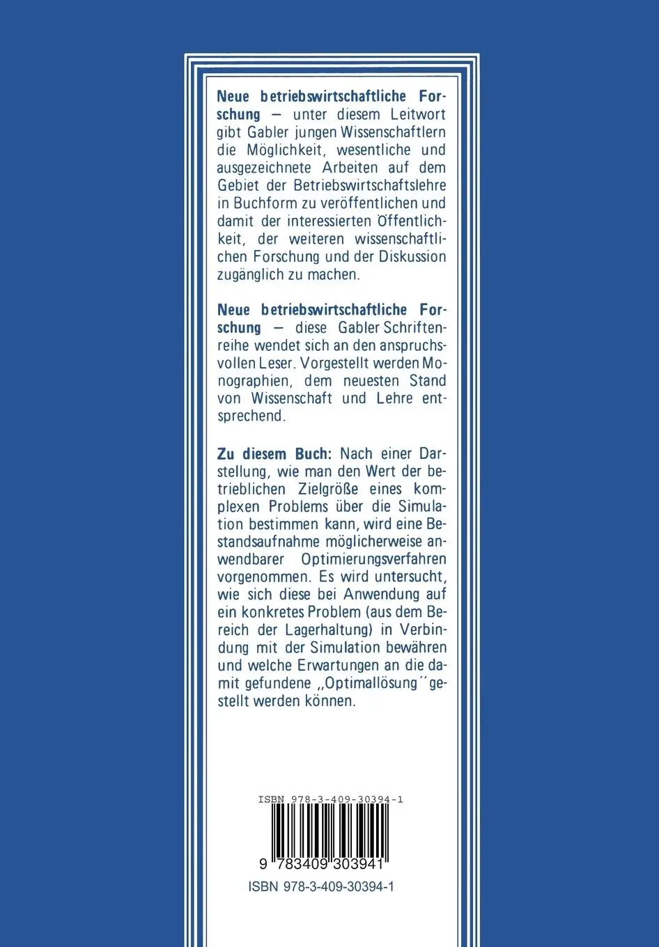 Rückseite: 9783409303941 | Optimierung und Simulation | Jörg Biethahn | Taschenbuch | viii | 1978