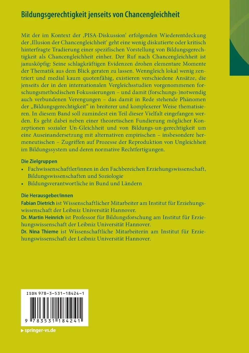 Rückseite: 9783531184241 | Bildungsgerechtigkeit jenseits von Chancengleichheit | Taschenbuch