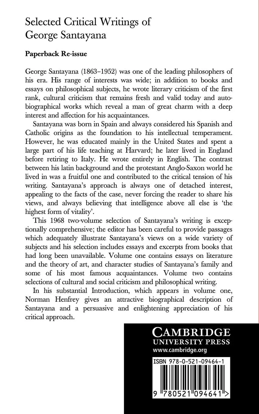 Rückseite: 9780521094641 | Selected Critical Writings Vol 2 | Santayana | Taschenbuch | Englisch