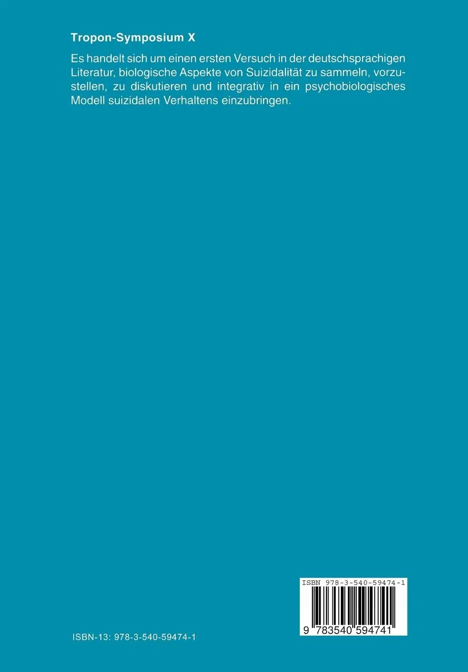 Rückseite: 9783540594741 | Suizidalität | Die biologische Dimension | Wolfgang P. Kaschka (u. a.)
