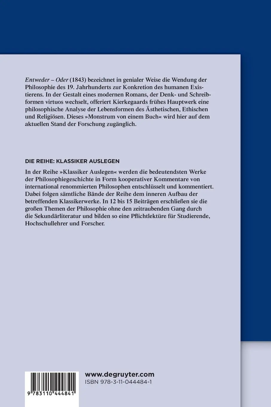 Rückseite: 9783110444841 | Søren Kierkegaard: Entweder - Oder | Markus Kleinert (u. a.) | Buch