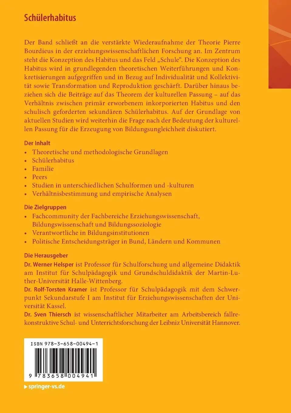 Rückseite: 9783658004941 | Schülerhabitus | Werner Helsper (u. a.) | Taschenbuch | vi | Deutsch