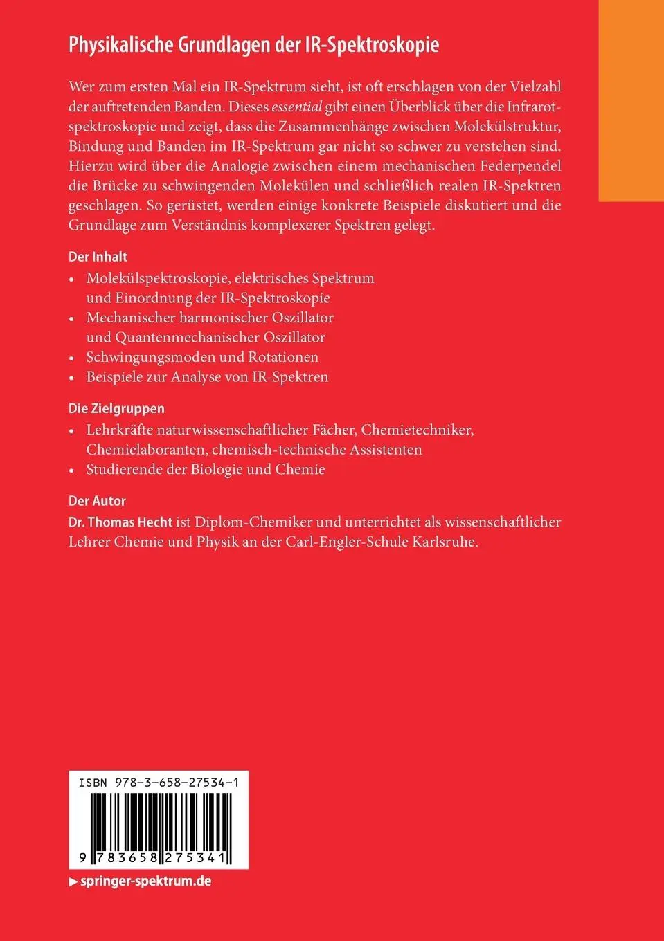 Rückseite: 9783658275341 | Physikalische Grundlagen der IR-Spektroskopie | Thomas Hecht | Buch