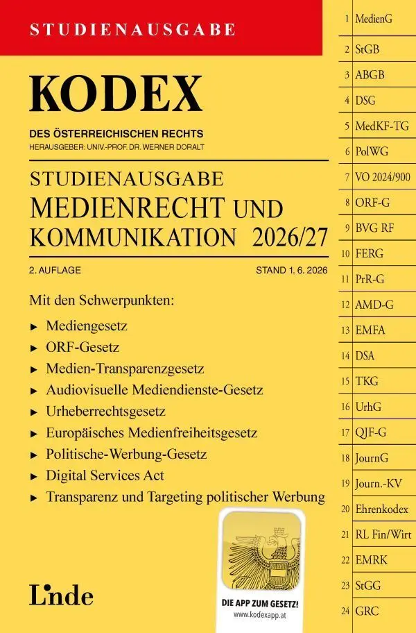 Cover: 9783707355741 | KODEX Studienausgabe Medienrecht und Kommunikation 2026/27 | Ciresa