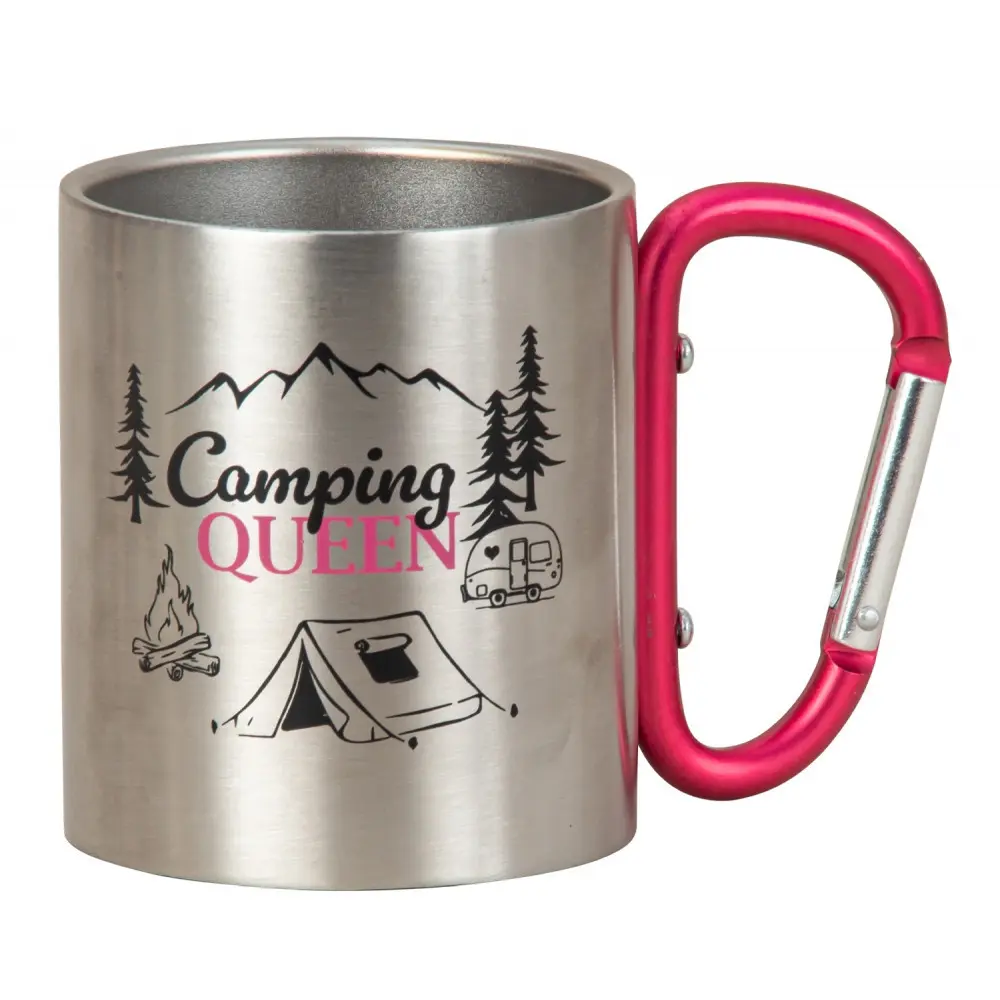 Metallbecher mit pinkem Karabinerhenkel "Camping Q