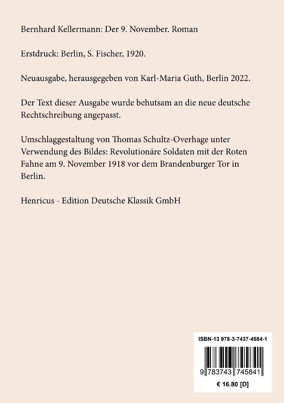 Rückseite: 9783743745841 | Der 9. November | Roman | Bernhard Kellermann | Taschenbuch | 368 S.
