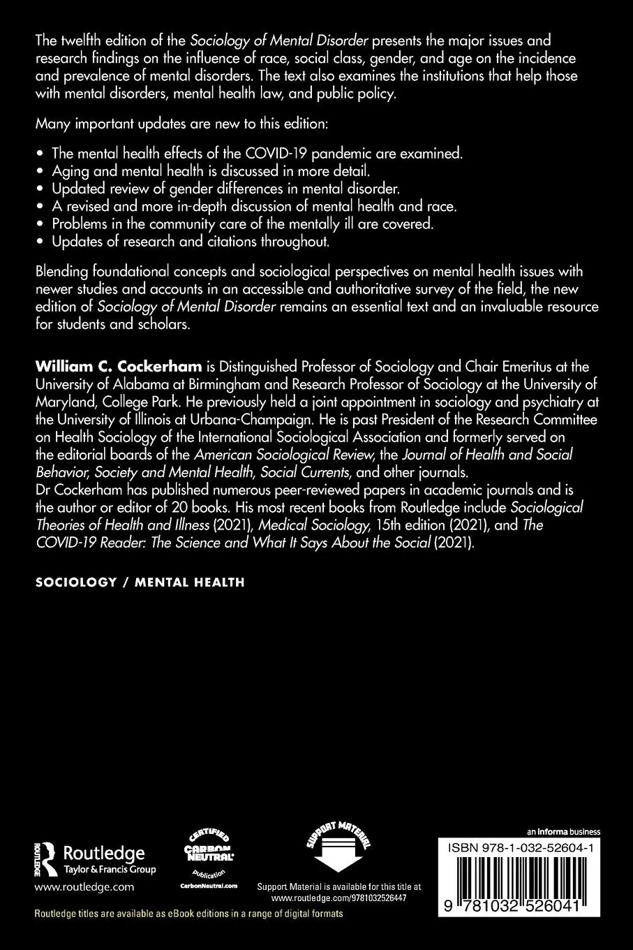 Rückseite: 9781032526041 | Sociology of Mental Disorder | William C. Cockerham | Taschenbuch