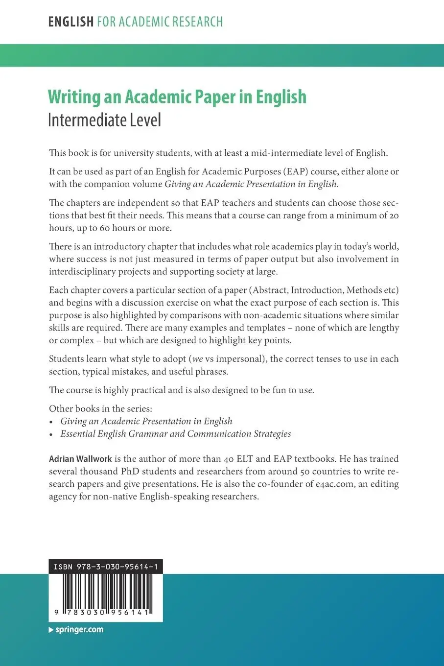 Rückseite: 9783030956141 | Writing an Academic Paper in English | Intermediate Level | Wallwork