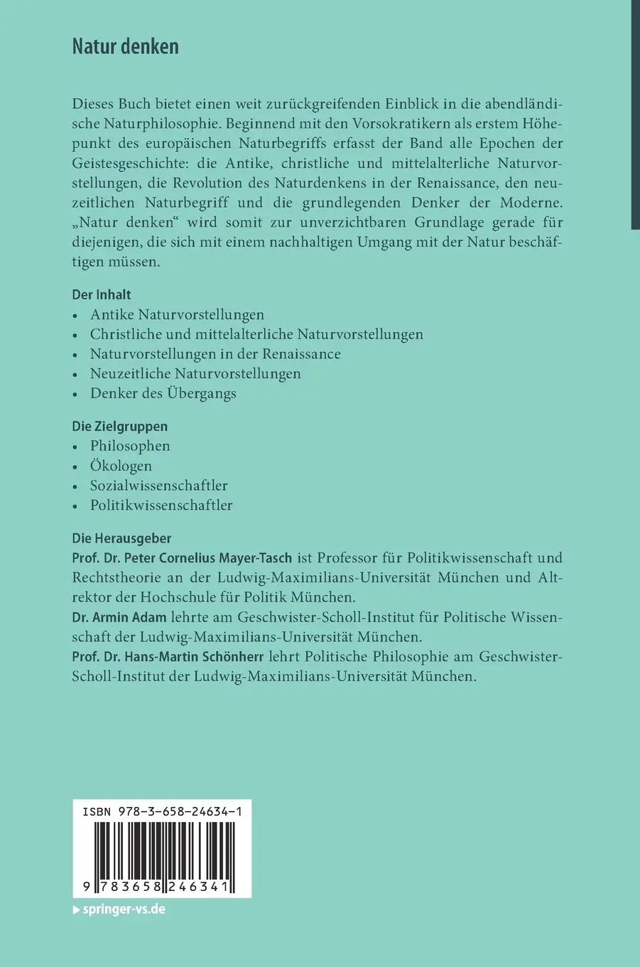 Rückseite: 9783658246341 | Natur denken | Peter Cornelius Mayer-Tasch (u. a.) | Buch | xiii