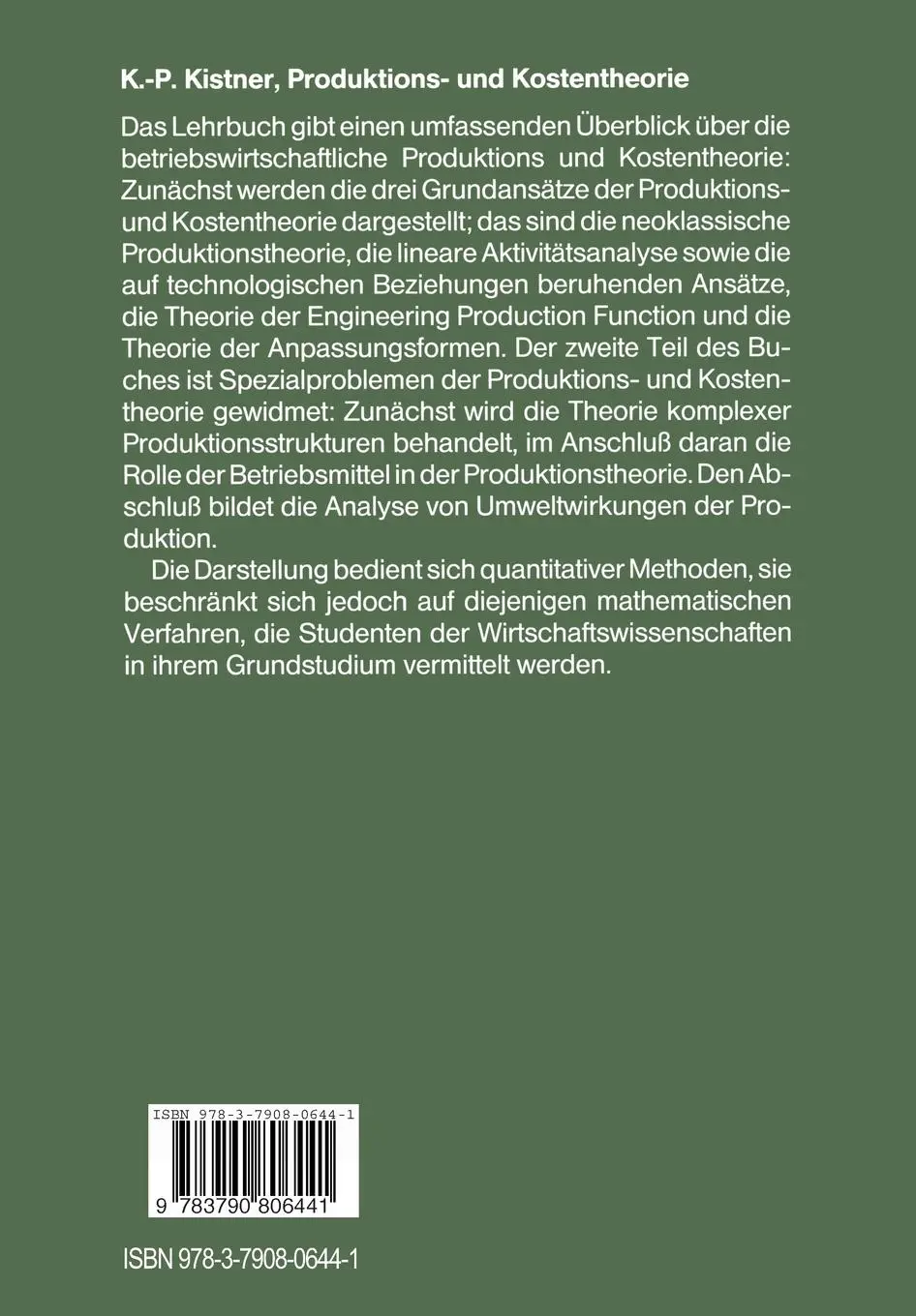 Rückseite: 9783790806441 | Produktions- und Kostentheorie | Klaus-Peter Kistner | Taschenbuch