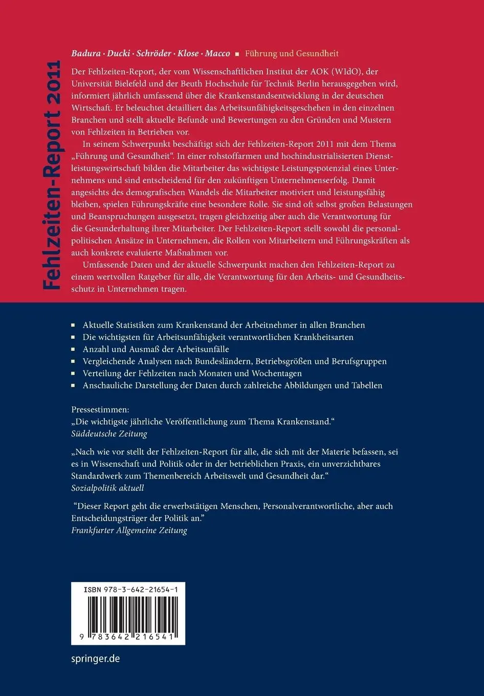Rückseite: 9783642216541 | Fehlzeiten-Report 2011 | Führung und Gesundheit | Badura (u. a.) | xx