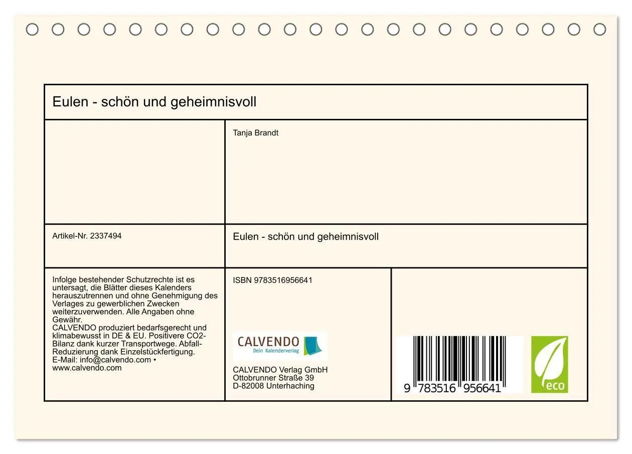 Bild: 9783516956641 | Eulen - schön und geheimnisvoll (Tischkalender 2027 DIN A5 quer),...