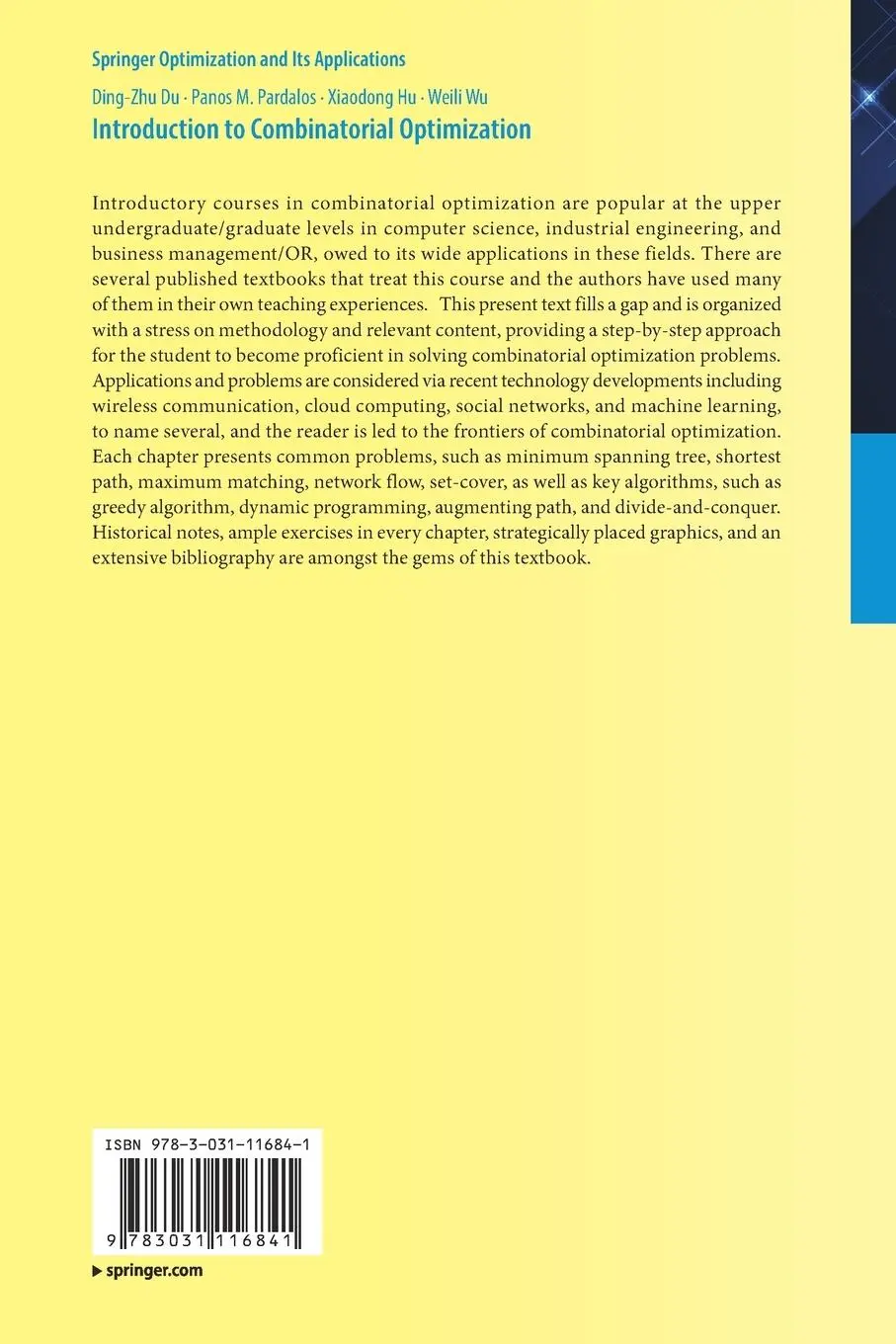Rückseite: 9783031116841 | Introduction to Combinatorial Optimization | Ding-Zhu Du (u. a.) | xi