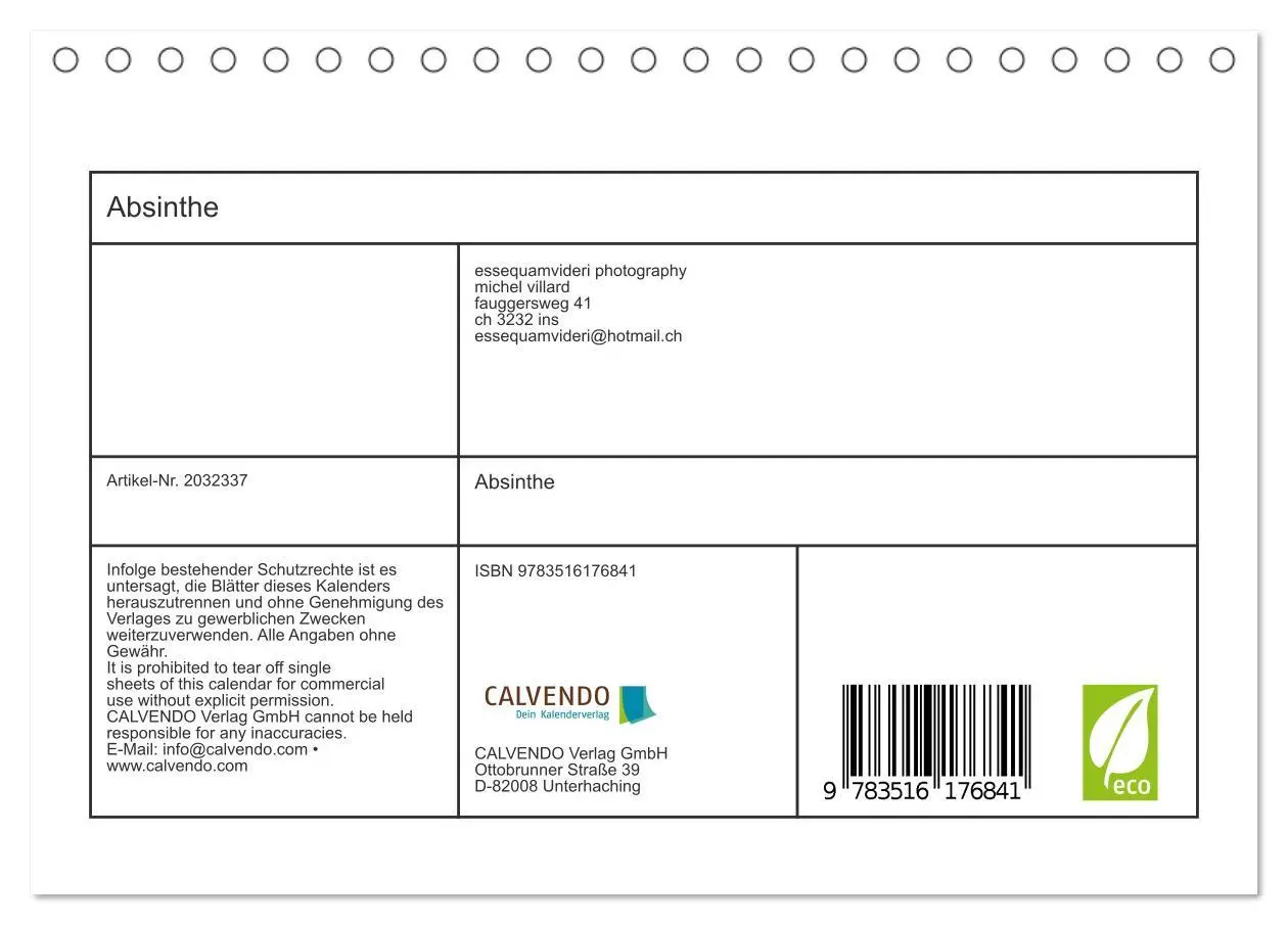 Bild: 9783516176841 | Absinthe (Tischkalender 2026 DIN A5 quer), CALVENDO Monatskalender