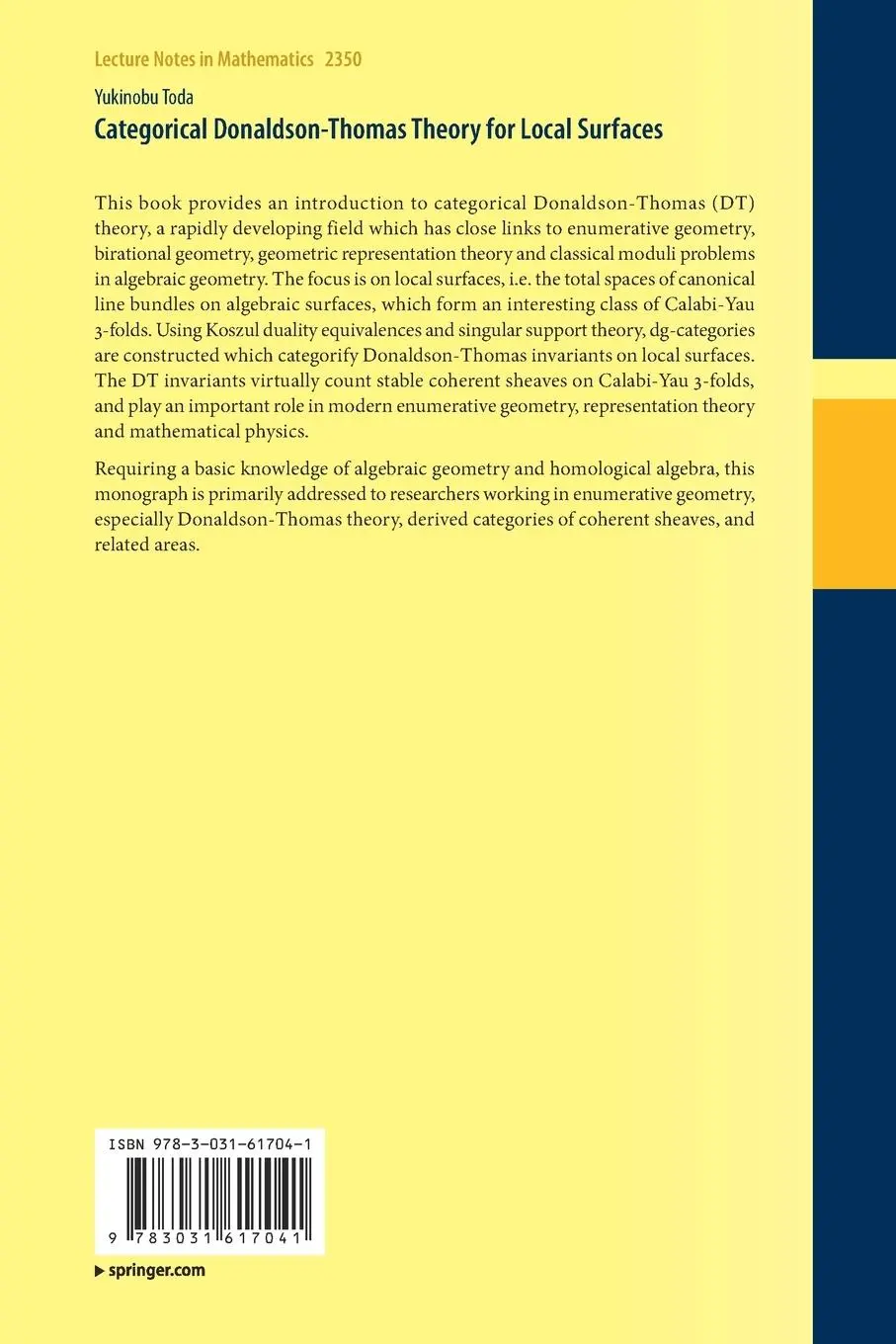 Rückseite: 9783031617041 | Categorical Donaldson-Thomas Theory for Local Surfaces | Yukinobu Toda