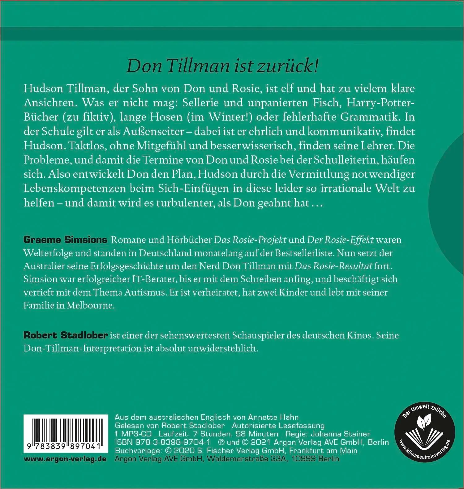 Rückseite: 9783839897041 | Das Rosie-Resultat | Roman | Graeme Simsion | MP3 | Das Rosie-Projekt