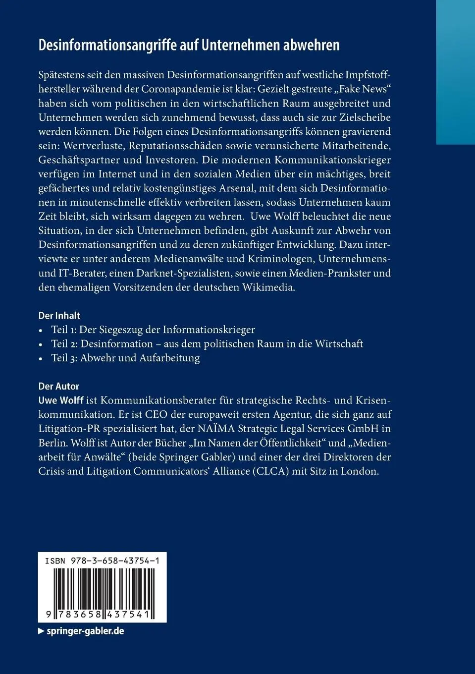 Rückseite: 9783658437541 | Desinformationsangriffe auf Unternehmen abwehren | Uwe Wolff | Buch