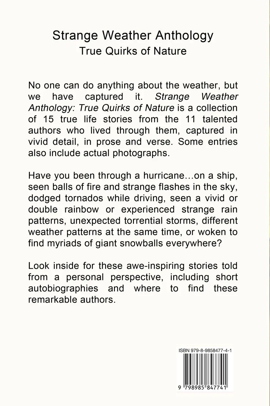 Rückseite: 9798985847741 | Strange Weather Anthology | True Quirks of Nature | Marlene Mesot