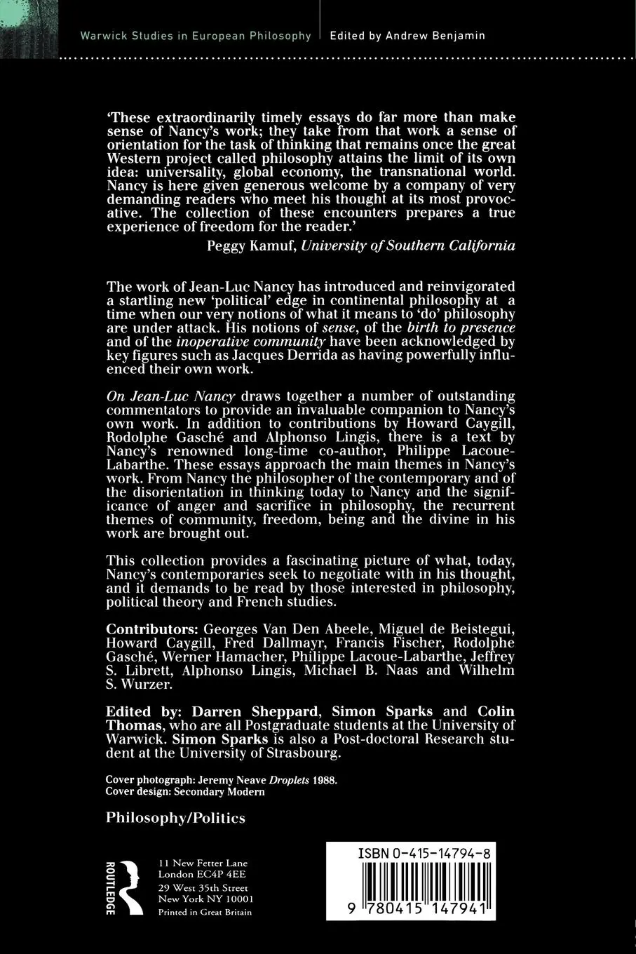 Rückseite: 9780415147941 | On Jean-Luc Nancy | The Sense of Philosophy | Darren Sheppard (u. a.)